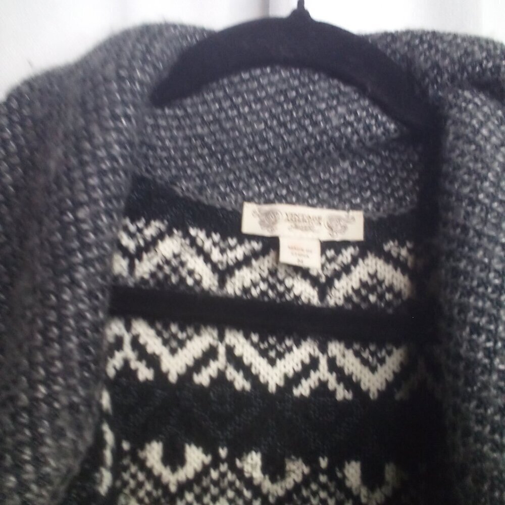 Vintage America Cardigan Sweater M Open Front Fringe Long Sleeve Black White - Picture 4 of 14